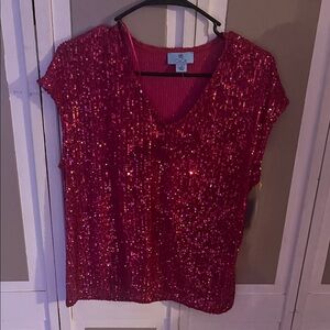 Cato Sparkling Sequin V-Neck Blouse - Fuchsia